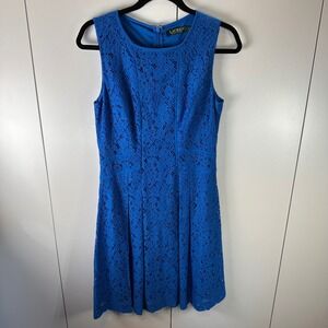 Lauren Ralph Lauren Womens Blue Lace Sleeveless Dress Size 8 Party Cocktail Chic
